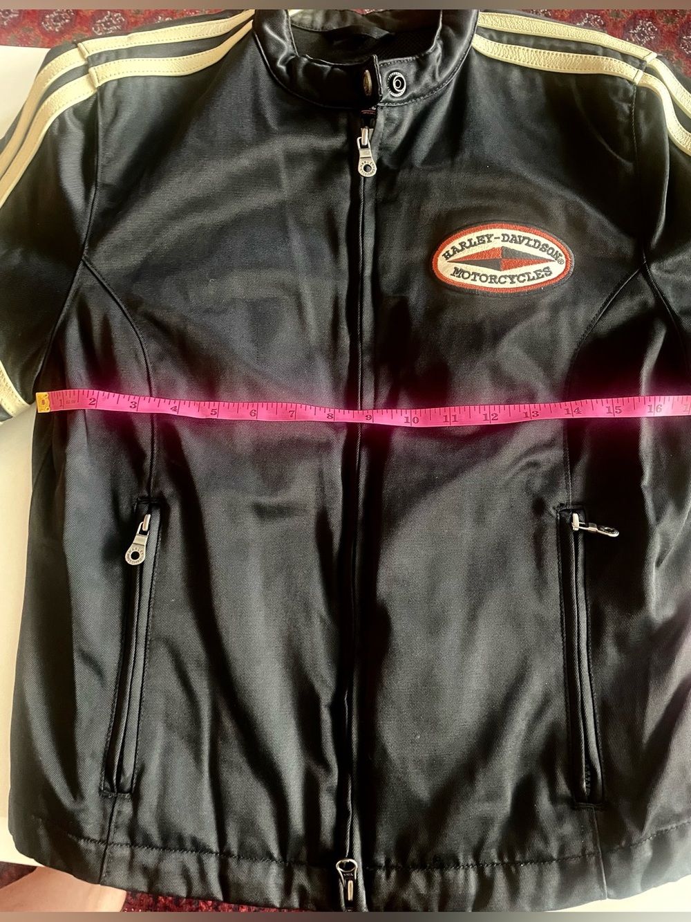 Harley-Davidson Women’s Moto Jacket M Black Leather Trim Racing Stripe Zip - Picture 10 of 13